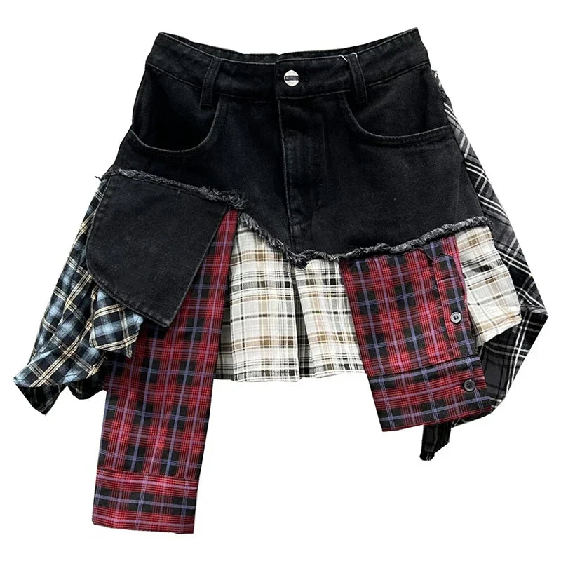 R&B | Jahrgang Unregelmäßig Patchwork Kariert Röcke Denim Kurz für Frauen Hohe Taille Eingewickelt Hüfte Mini Rock Sommer Weiblich