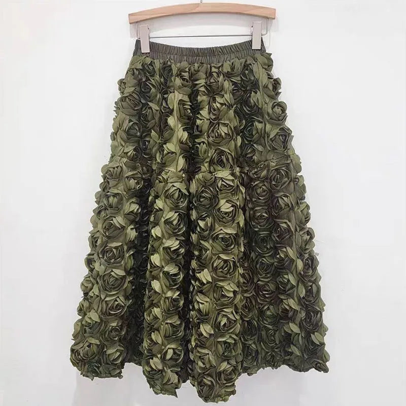 R&B | Herbst Neu Vielseitig Drei Dimensional Blumen Mittlere Falten Rock Hohe Taille Große Schwung Mode A-Linie Röcke Frauen