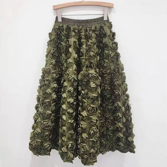 R&B | Herbst Neu Vielseitig Drei Dimensional Blumen Mittlere Falten Rock Hohe Taille Große Schwung Mode A-Linie Röcke Frauen