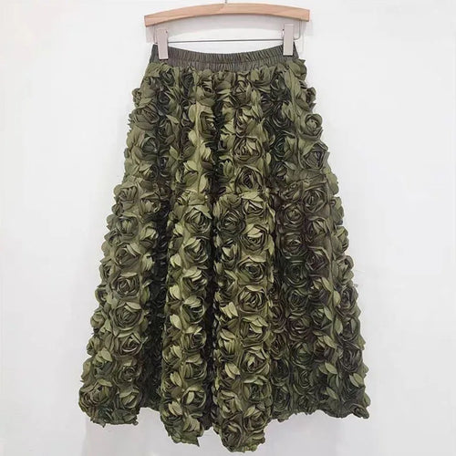 R&B | Herbst Neu Vielseitig Drei Dimensional Blumen Mittlere Falten Rock Hohe Taille Große Schwung Mode A-Linie Röcke Frauen