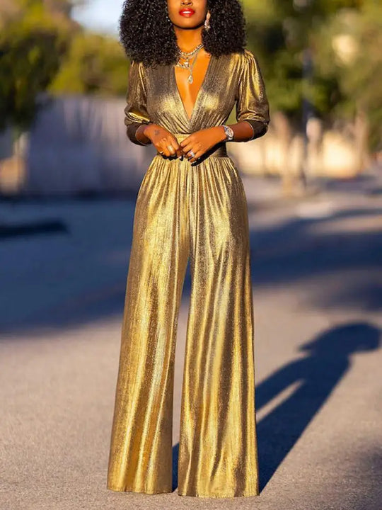 R&B Damen Jumpsuit mit V-Ausschnitt und Metallic-Optik
