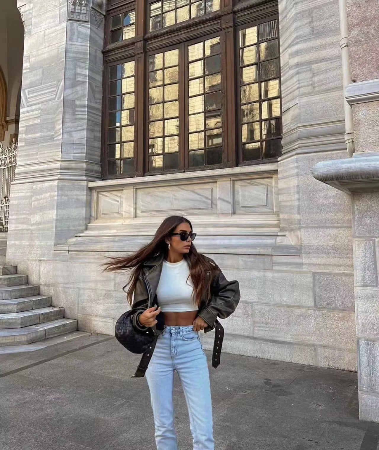 R&B | Damen PU Motorradjacke mit Reißverschluss und Gürtel