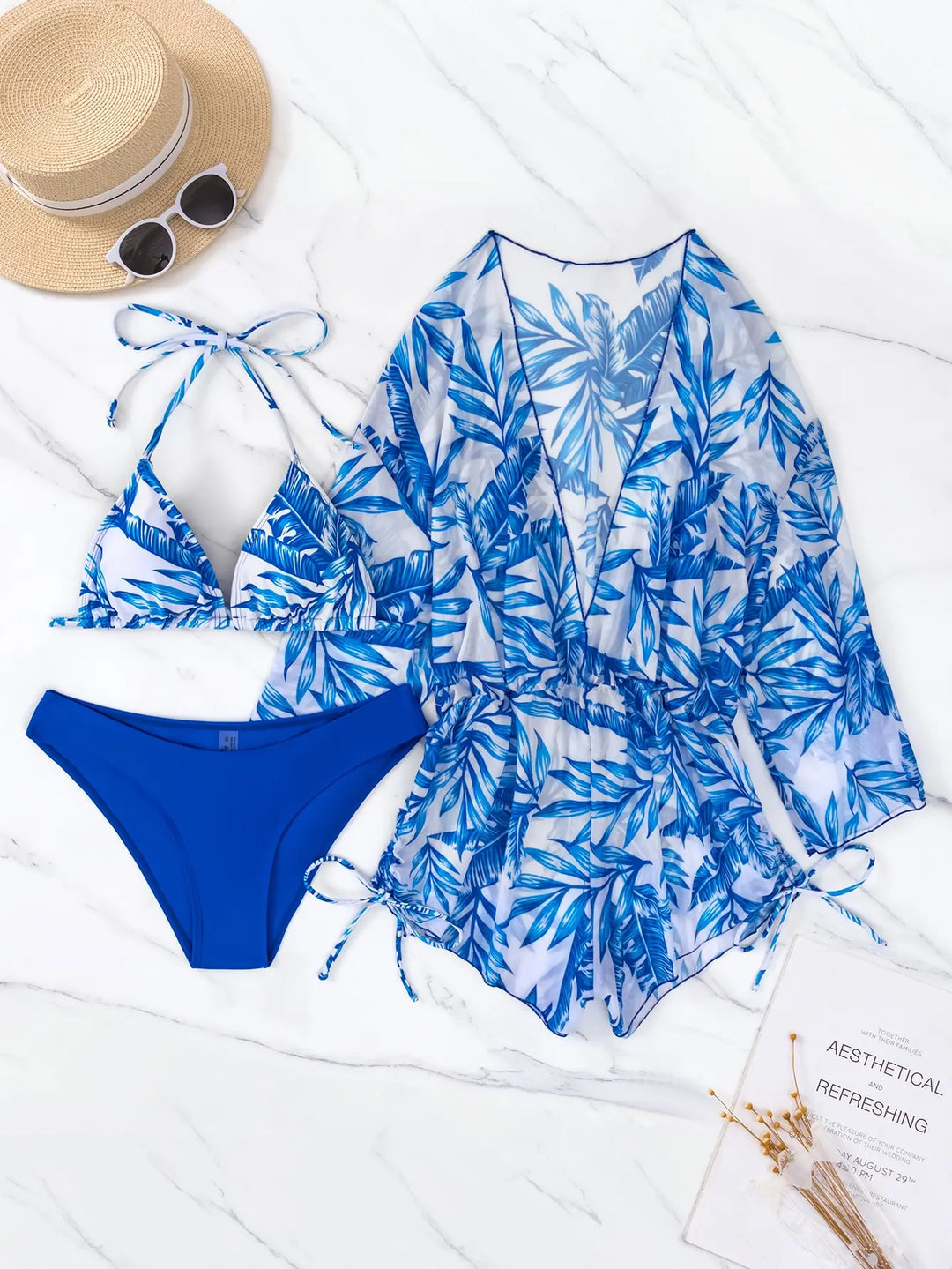 R&B | 3 Stück Bikini Tropischer Druck Badebekleidung Halter Schnürseite Badebekleidung Frauen Badeanzug Weiblich Schwimmen Sommer Strandbekleidung