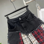 R&B | Jahrgang Unregelmäßig Patchwork Kariert Röcke Denim Kurz für Frauen Hohe Taille Eingewickelt Hüfte Mini Rock Sommer Weiblich