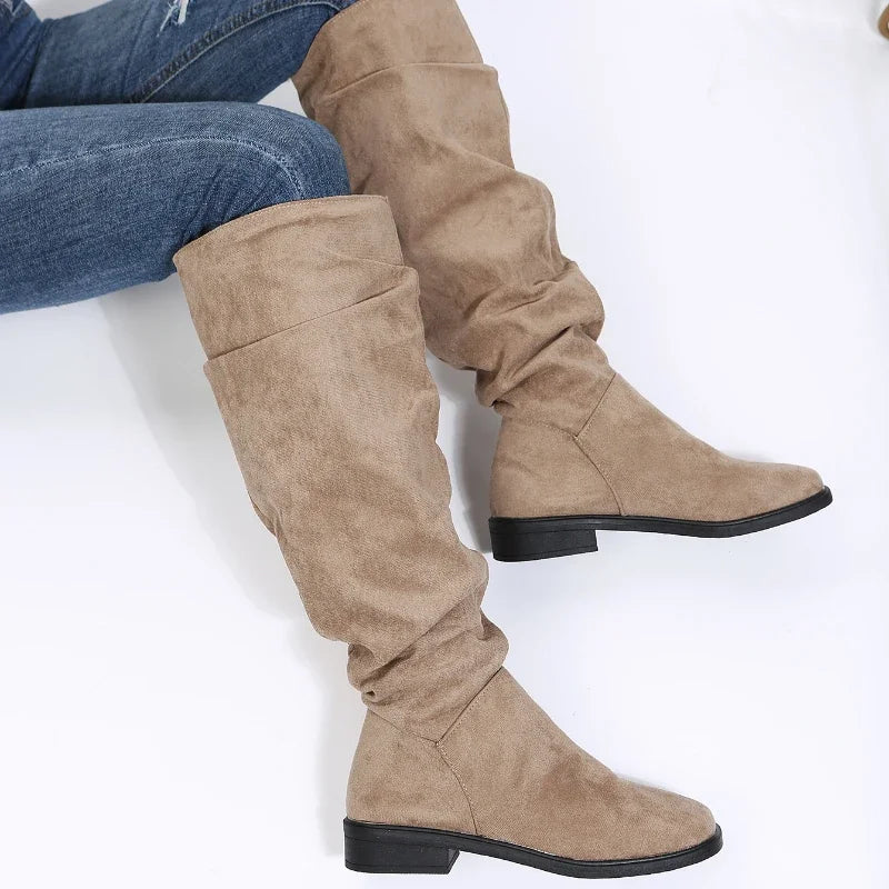 R&B | Hohe Röhre Biker Stiefel mit Klobigem Absatz und Runder Zehe