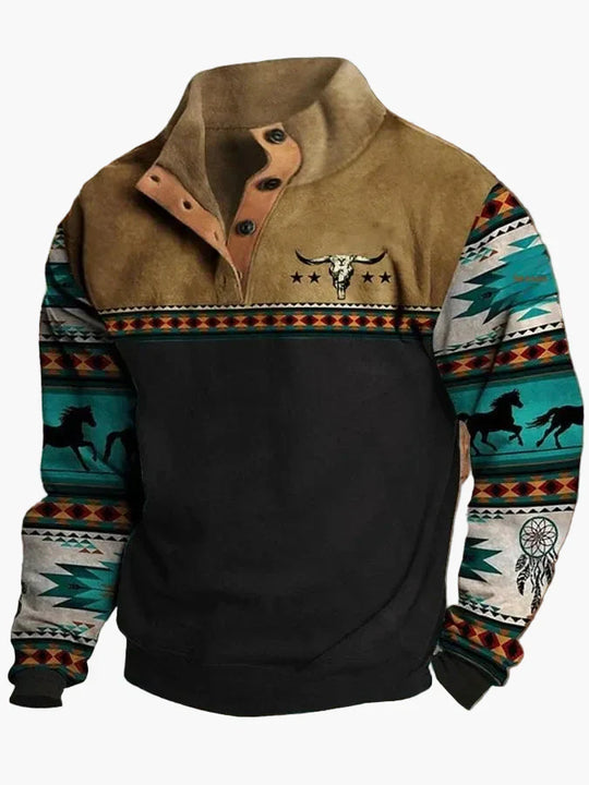 R&B | Vintage Western Sweatshirt mit Ethno-Muster und Stehkragen - Freizeitpullover