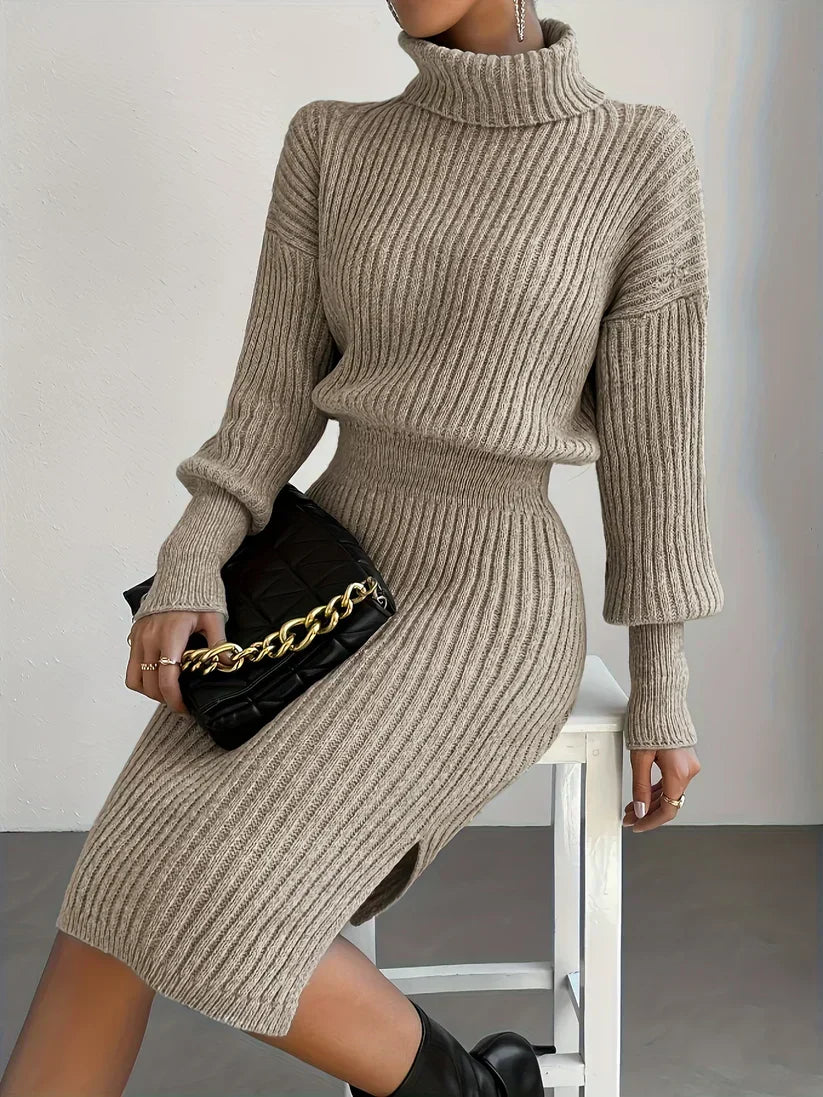 R&B | Schickes Winter Khaki Tailliertes Rollkragenkleid für Frauen