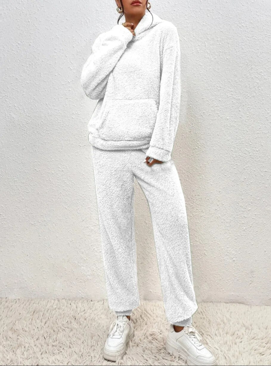 R&B | Weiche Teddyjacke Damen Loungewear Satz mit Kapuze