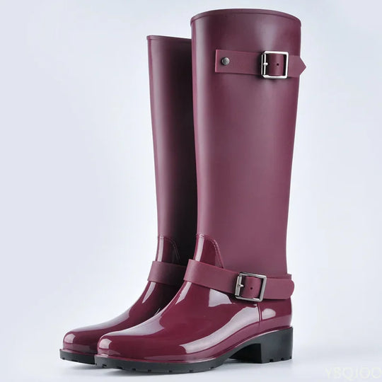 R&B | Damen wasserdichte knielange Gummistiefel mit Schnallen & Blockabsätzen