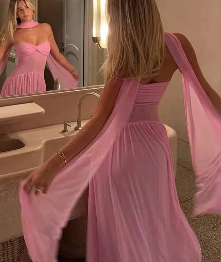 R&B | Patchwork Maxi Kleid Schal Rückenfrei Strapless Rüschen Bankett