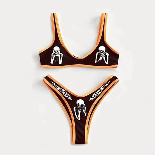 R&B | Sexy Goth Bikini Frauen Buchstaben Totenkopf Druck Badeanzug Split Badeanzug Hohe Taille Gotische Bikini Set Strandoutfits