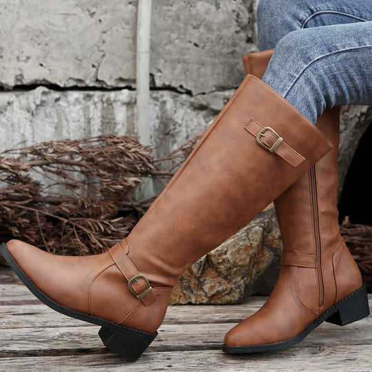 R&B | Hohe Reitstiefel mit Schnallenriemen und Niedrigem Absatz für Frauen