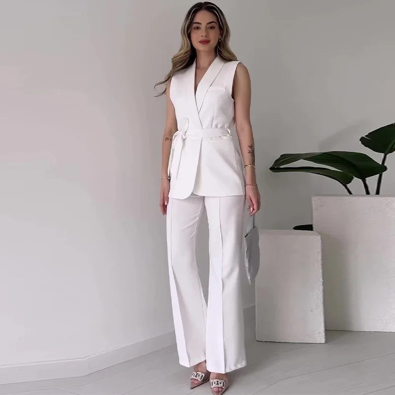 R&B | Ärmelloser Blazer-Anzug Taillierte Passform Wickel-V-Ausschnitt Weite Hose