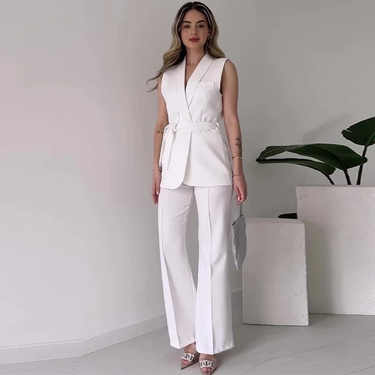 R&B | Ärmelloser Blazer-Anzug Taillierte Passform Wickel-V-Ausschnitt Weite Hose