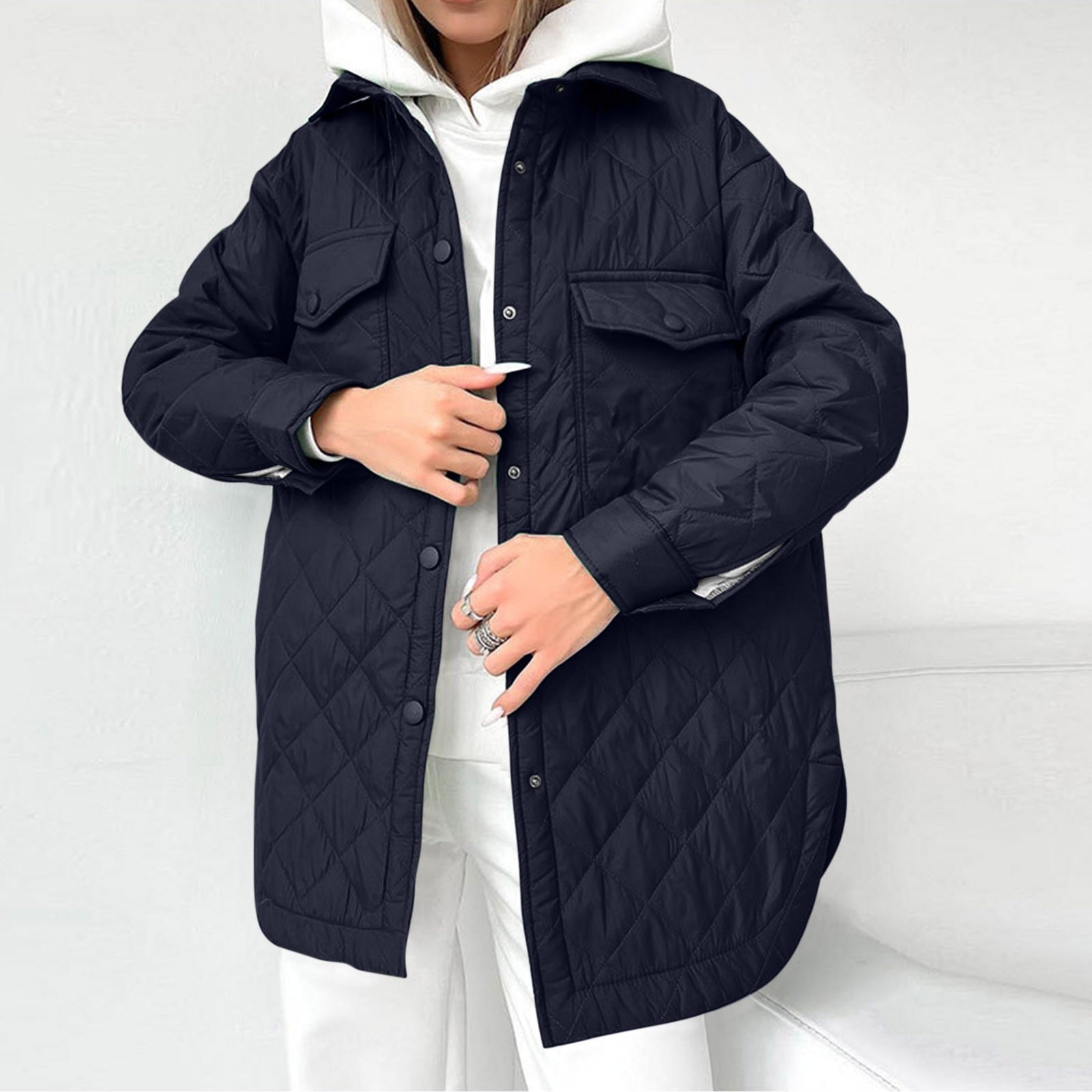 R&B | Lange Steppjacke mit Druckknopfverschluss für Frauen Ideal für Den Winter