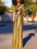 R&B Damen Jumpsuit mit V-Ausschnitt und Metallic-Optik