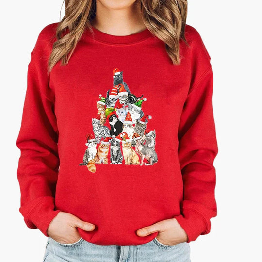 R&B | Weihnachtspullover mit Katze und Lichterkette - Lustiger Winter-Sweater für Katzenliebhaber