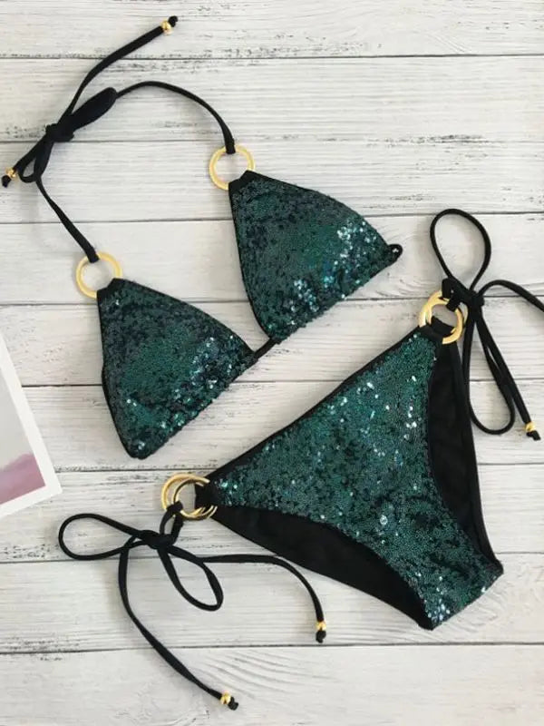 Heidi-Mode | Neu Sexy Bikinis Pailletten Goldfarbe Frauen Bandage Bikini Set Push-Up Vorgepolsterter Bh Badeanzug Set Bademode