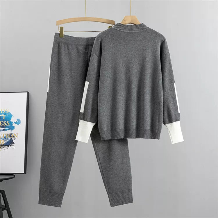 R&B | Lässiges Herbst Strick Patchwork Oberteil und Hosen Set für Frauen