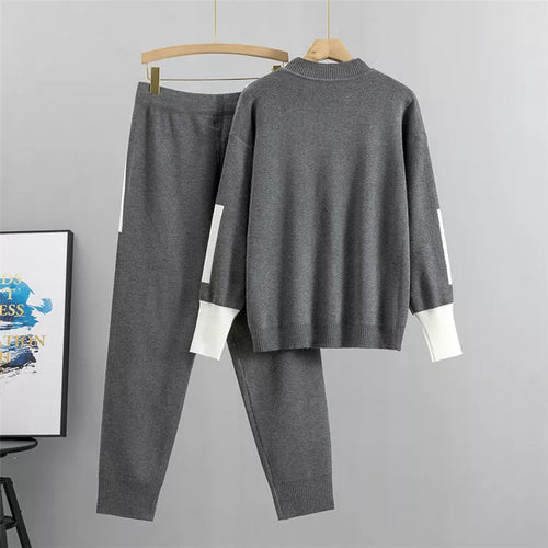 R&B - Lässiges Herbst Strick Patchwork Oberteil und Hosen Set für Frauen