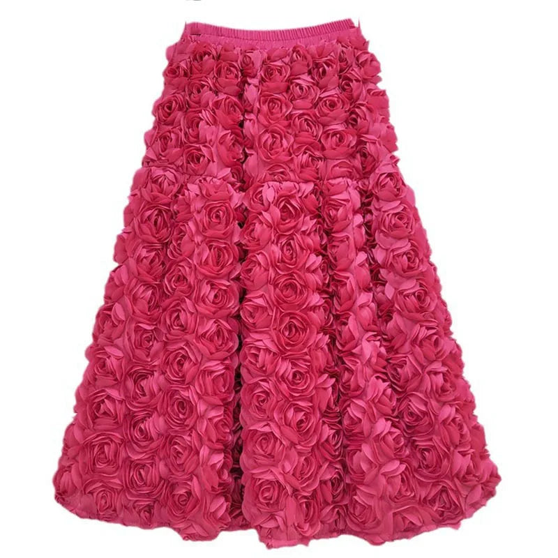 R&B | Herbst Neu Vielseitig Drei Dimensional Blumen Mittlere Falten Rock Hohe Taille Große Schwung Mode A-Linie Röcke Frauen