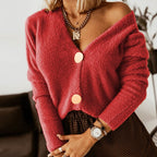 R&B | Strickjacke Weiches Strickmaterial Lockere Passform Tiefer V-Ausschnitt Große Knöpfe