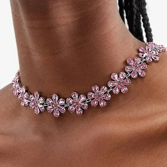 R&B | Mode Pink Crystal Flowers Choker Necklace Statement Accessories Mode Frauen Rhinestone Collar Necklace Schlüsselbein Schmuck Ins