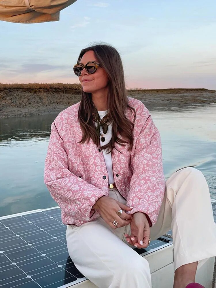 BLOOM | Rosa Patchwork Gesteppte Damenjacke