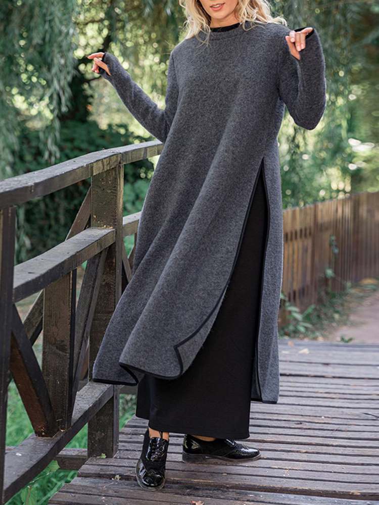 Langes Damen Midikleid in Lockerer Form mit Seitenschlitz - R&B