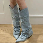 R&B | Knielange Spitz Zulaufende Dicke Absatzcowboystiefel
