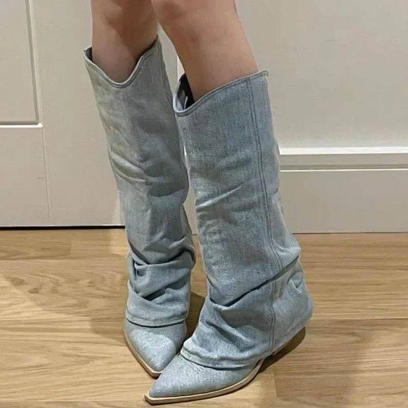 R&B | Knielange Spitz Zulaufende Dicke Absatzcowboystiefel