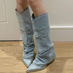 R&B | Knielange Stiefel - Denim-Stoff - Lockerer Schaft - Spitzzehen - Niedriger Absatz