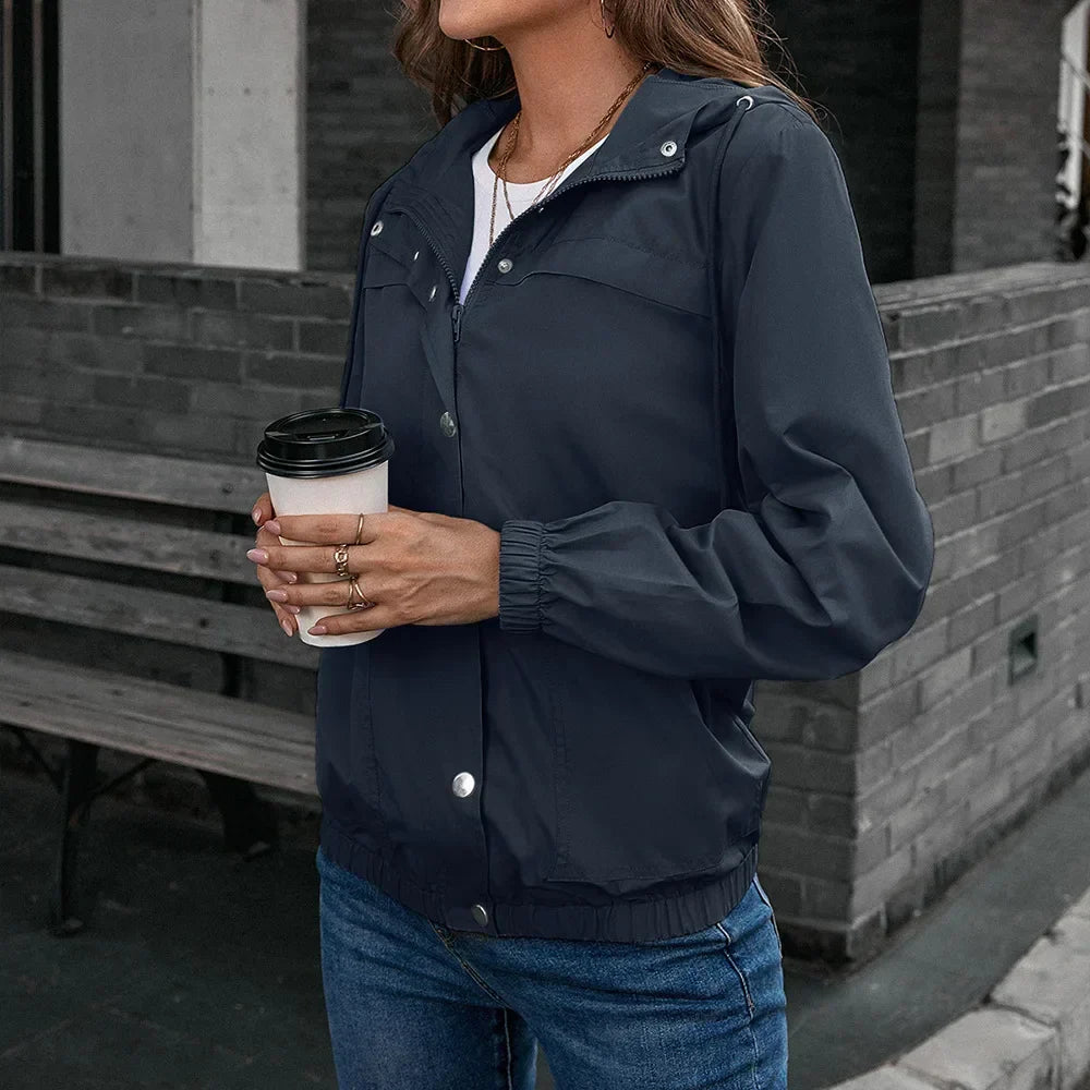 R&B | Damen Kapuze Wasserdichter Trenchcoat Langarm