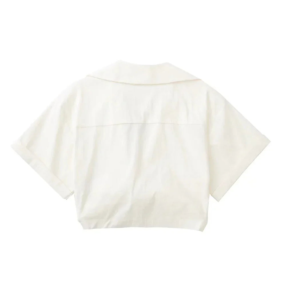 R&B | Damen Vintage Kurzarm Leinen Crop Shirt