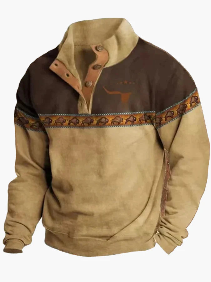 R&B | Vintage Western Sweatshirt mit Ethno-Muster und Stehkragen - Freizeitpullover