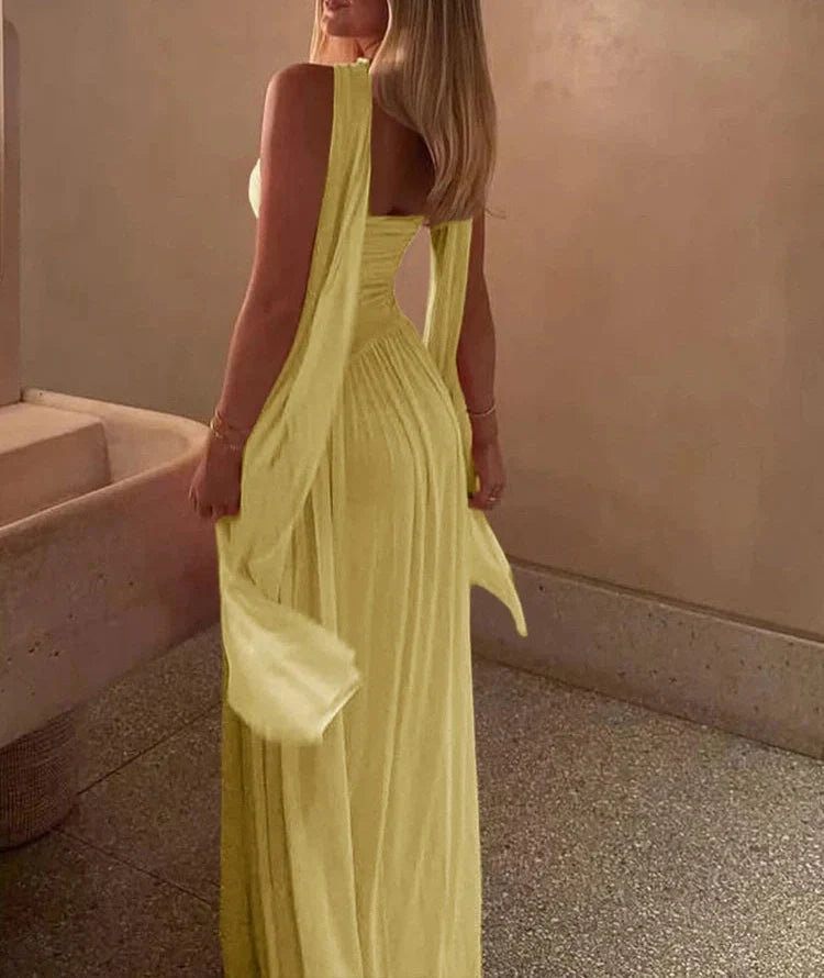R&B | Patchwork Maxi Kleid Schal Rückenfrei Strapless Rüschen Bankett