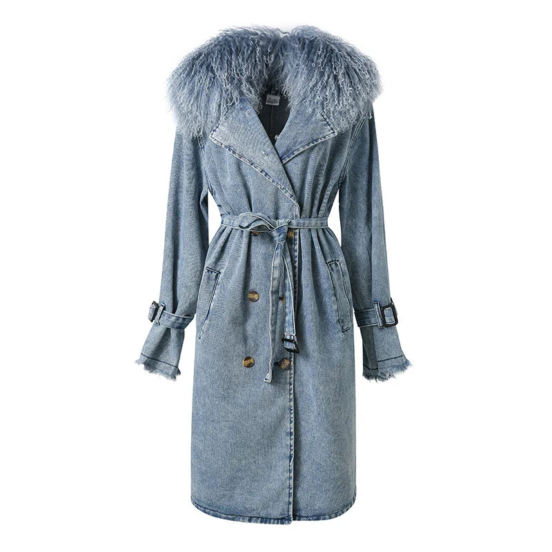 R&B | Lange Denimjacke mit Kunstfell Baumwollmix Modern und Elegant