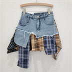 R&B | Jahrgang Unregelmäßig Patchwork Kariert Röcke Denim Kurz für Frauen Hohe Taille Eingewickelt Hüfte Mini Rock Sommer Weiblich