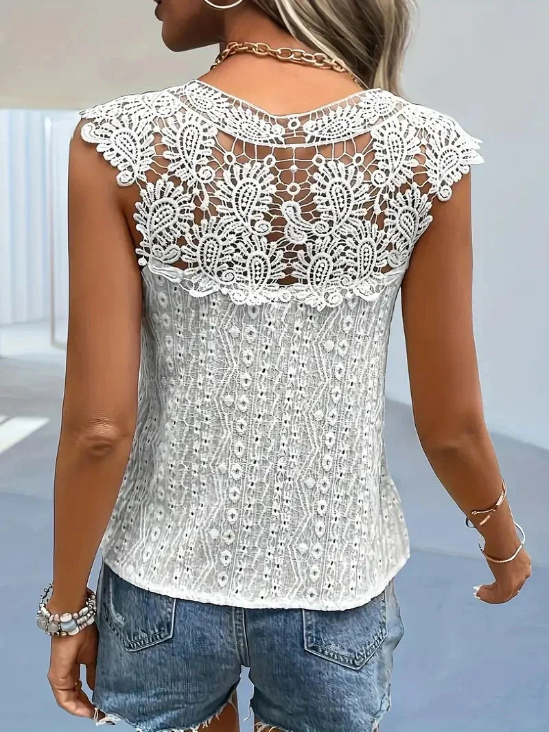 R&B | Spitzenshirt Vintage Elegantes Ärmelloses V-Ausschnitt Damen Sommer T-Shirt