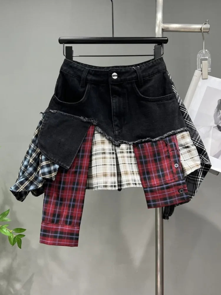 R&B | Jahrgang Unregelmäßig Patchwork Kariert Röcke Denim Kurz für Frauen Hohe Taille Eingewickelt Hüfte Mini Rock Sommer Weiblich