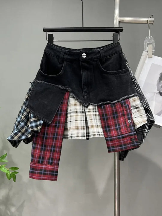 R&B | Jahrgang Unregelmäßig Patchwork Kariert Röcke Denim Kurz für Frauen Hohe Taille Eingewickelt Hüfte Mini Rock Sommer Weiblich