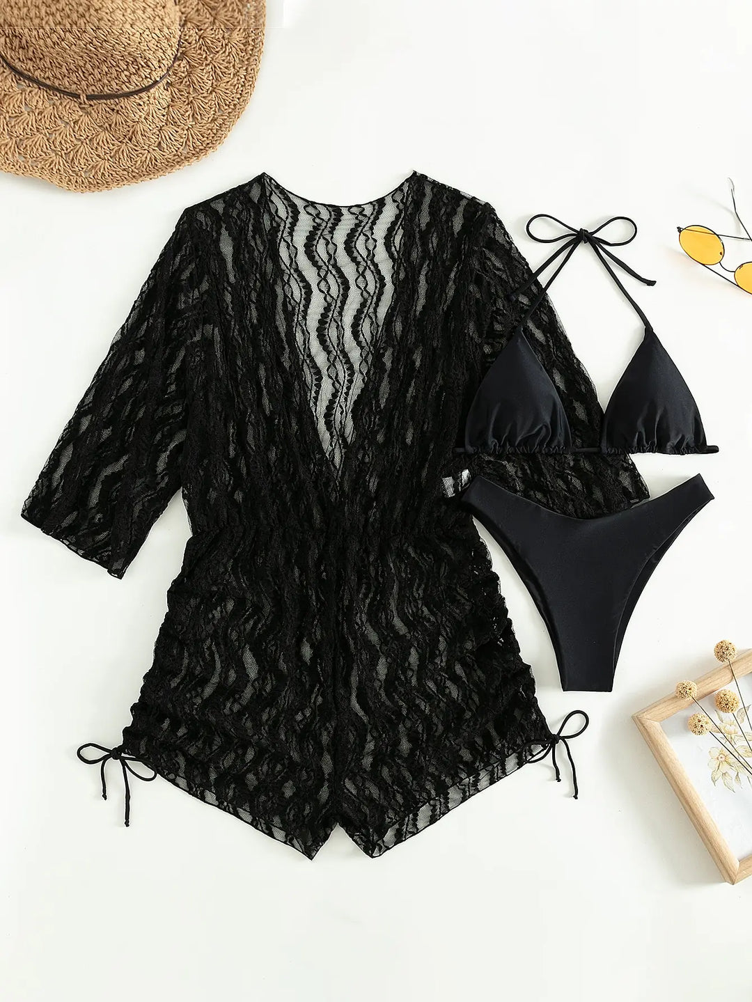 R&B | 3 Stück Bikini Tropischer Druck Badebekleidung Halter Schnürseite Badebekleidung Frauen Badeanzug Weiblich Schwimmen Sommer Strandbekleidung