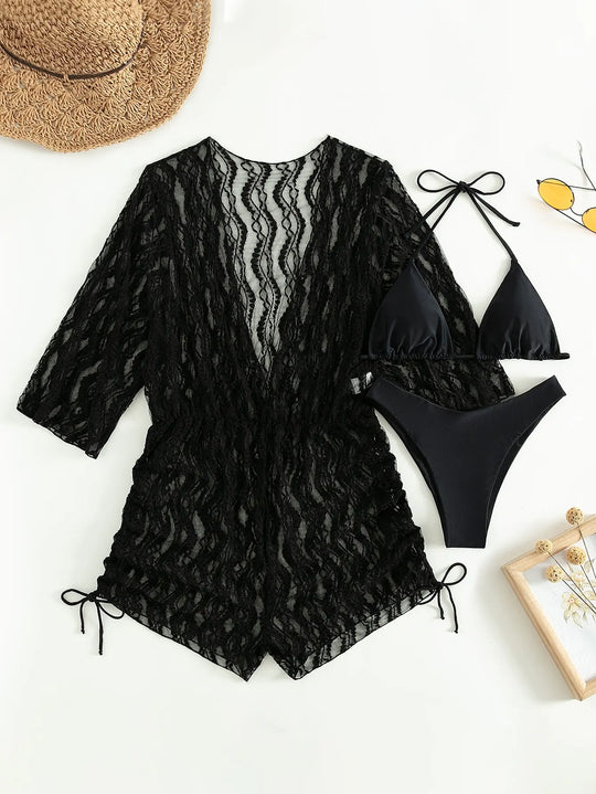 R&B | 3 Stück Bikini Tropischer Druck Badebekleidung Halter Schnürseite Badebekleidung Frauen Badeanzug Weiblich Schwimmen Sommer Strandbekleidung