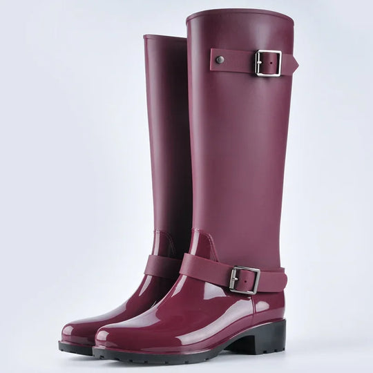 R&B | Damen wasserdichte knielange Gummistiefel mit Schnallen & Blockabsätzen