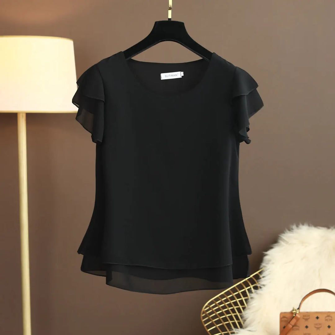 R&B | Chiffon Bluse mit O-Ausschnitt und Kurzen Ärmeln