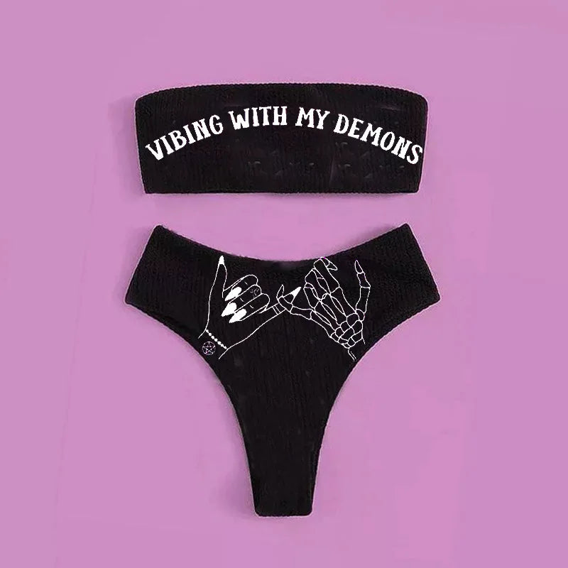 R&B | Sexy Goth Bikini Frauen Buchstaben Totenkopf Druck Badeanzug Split Badeanzug Hohe Taille Gotische Bikini Set Strandoutfits