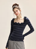 Damen Spitzen U-Ausschnitt Slim Fit Langarm Top