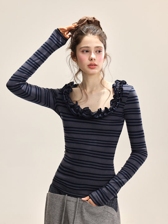 Damen Spitzen U-Ausschnitt Slim Fit Langarm Top