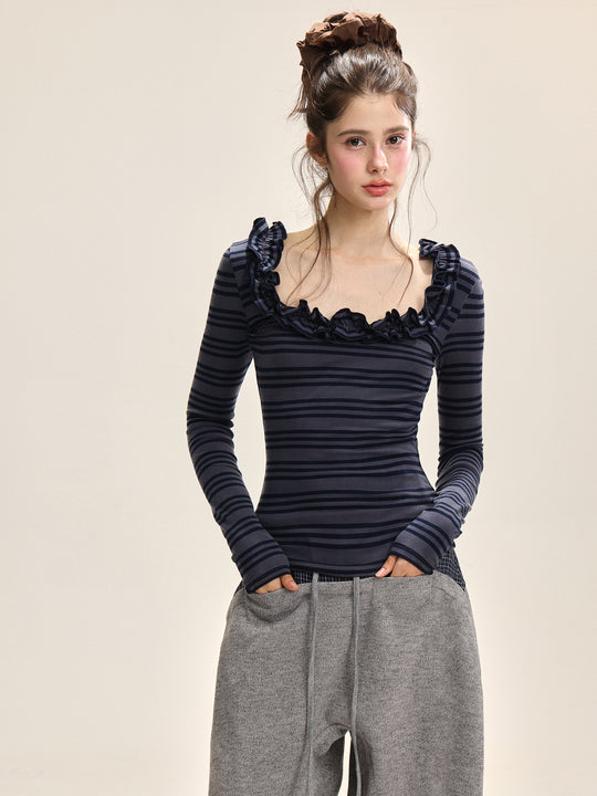 Damen Spitzen U-Ausschnitt Slim Fit Langarm Top