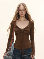 Damen Langarm T-Shirt mit Raffungen und Schleife Slim Fit